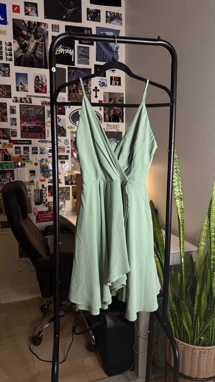 Windsor Sage Green Wrap Skater Dress Spaghetti Strap V-Neck Chiffon